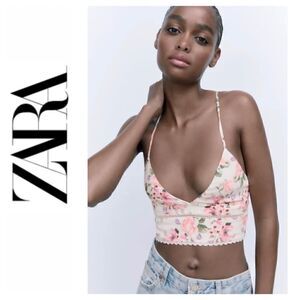 NWT Zara Floral V Neck Crop Top, Size XS